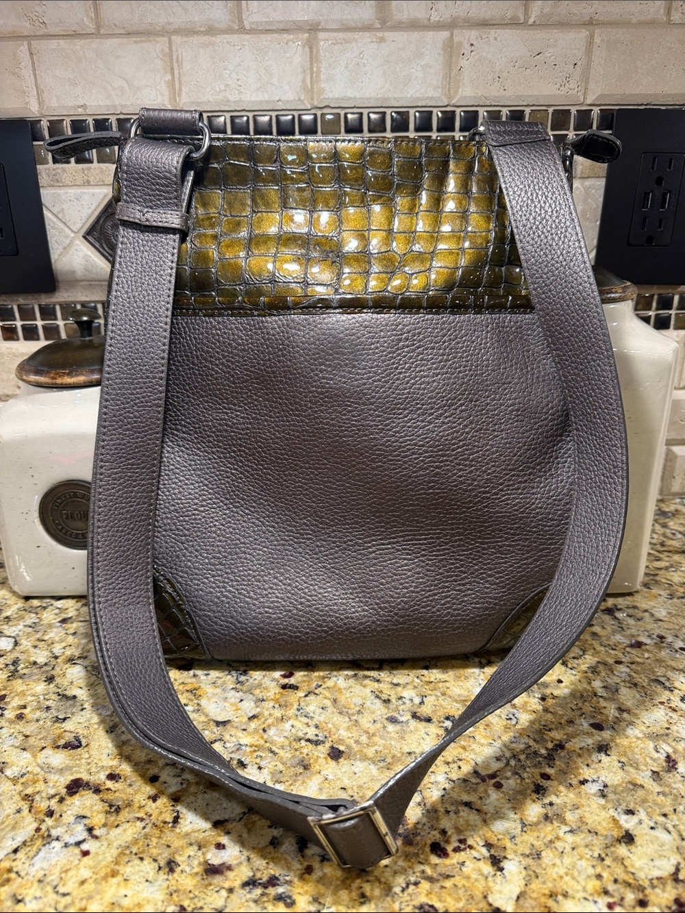 Brighton patent croc embossed and keather crossbody